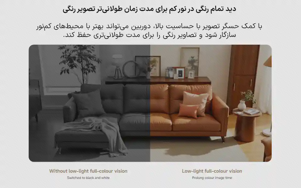 مقایسه تصویری اتاق در نور کم برای Xiaomi C302 دو نمای تاریک و رنگی یک اتاق در پوستر دوربین شیائومی C302