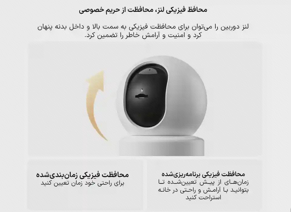 نمودار پوشاندن لنز دوربین Xiaomi C302 دوربین شیائومی C302 با فلش چرخش لنز و متن فارسی پوشاندن دوربین