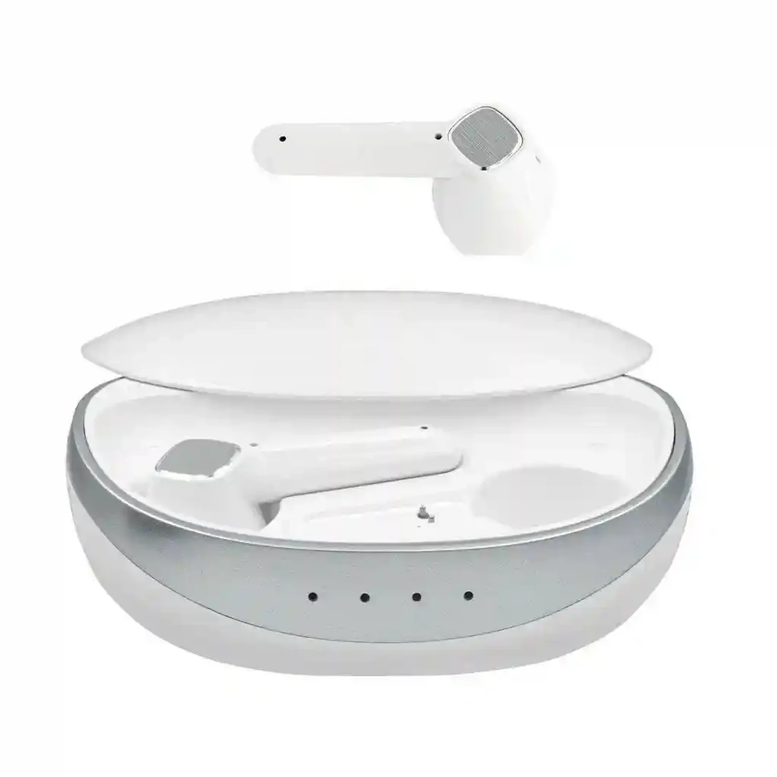 نمای اصلی میبرو Earbuds S1 داخل محفظه سفید هندزفری سفید Mibro S1 با کیس شارژ باز و نشانگرهای LED