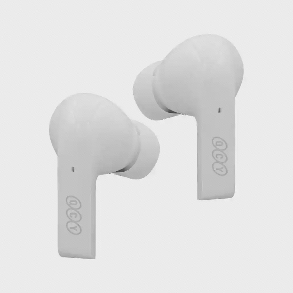 نمای اصلی هندزفری بلوتوث QCY T18 دو ایرباد سفید QCY T18 با سری سیلیکونی و ساقه لوگودار