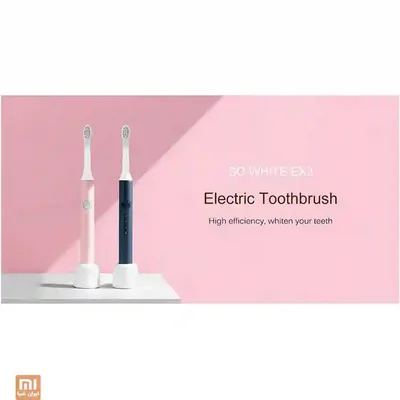 معرفی Electric Toothbrush So White EX3 بنر مسواک برقی So White EX3 صورتی و سرمهای روی پسزمینه صورتی