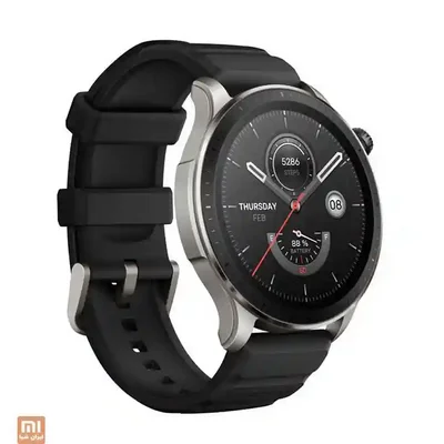 نمای جانبی قاب Amazfit GTR 4 ساعت Amazfit GTR 4 با بند مشکی از زاویه سهرخ و سگک باز
