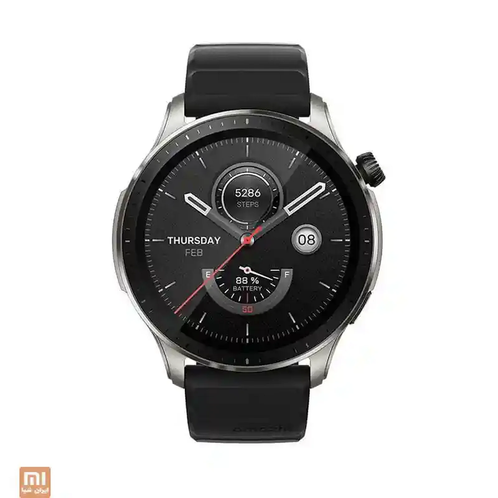 ساعت هوشمند Amazfit GTR 4 نقره‌ای با بند مشکی و صفحه عقربه‌ای