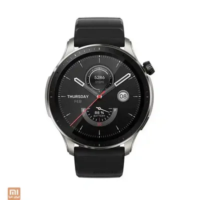 نمای روبهروی Amazfit GTR 4 ساعت هوشمند Amazfit GTR 4 نقرهای با بند مشکی و صفحه عقربهای
