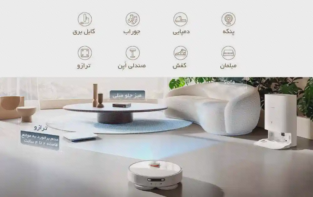آیکنهای حالت نظافت جارو شیائومی X10 Plus جارو شیائومی X10 Plus و ایستگاه کنار مبل، با هشت آیکن حالتهای نظافت در بالای پوستر