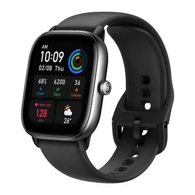 زاویه مورب نمایشگر و تاج Amazfit GTS 4 Mini نمای سهرخ ساعت هوشمند Amazfit GTS 4 Mini با بند مشکی