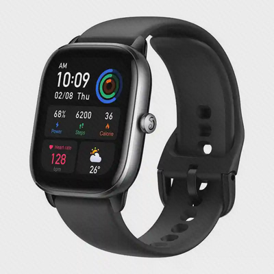 نمای سه‌رخ ساعت هوشمند Amazfit GTS 4 Mini با بند مشکی