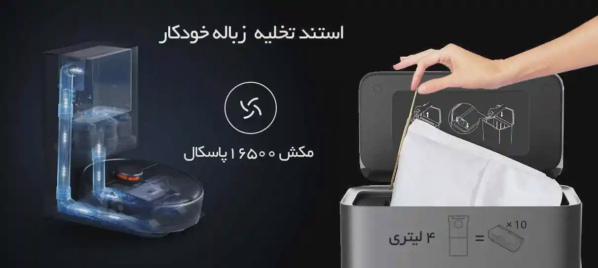 پوستر تخلیه و کیسه زباله شیائومی Mop 2 Ultra ایستگاه جارو شیائومی Mop 2 Ultra با مسیر آبی تخلیه و دست در حال برداشتن کیسه سفید