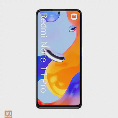 نمای اصلی Redmi Note 11 Pro نمای جلوی Redmi Note 11 Pro با نوشته محصول روی نمایشگر
