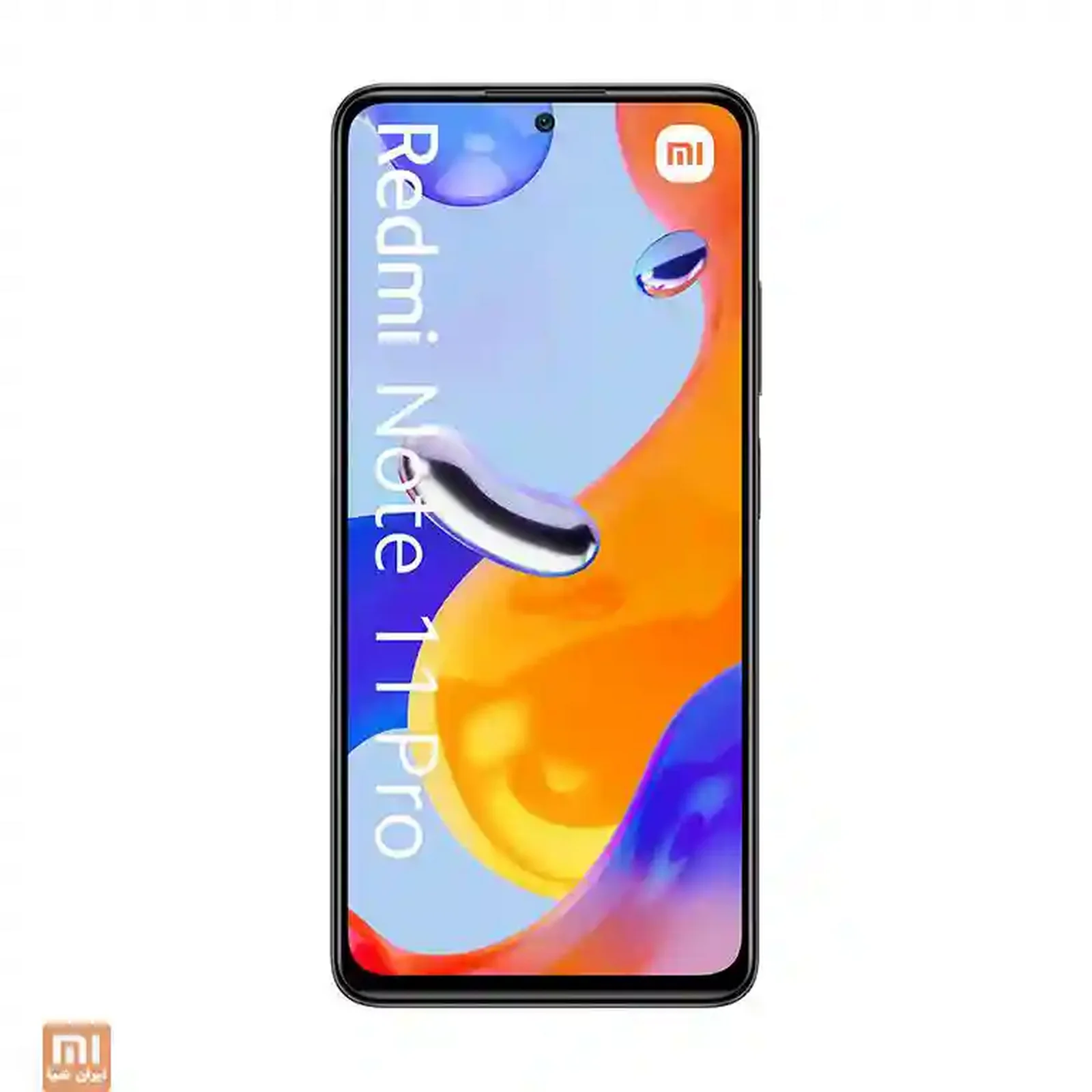 نمای اصلی Redmi Note 11 Pro نمای جلوی Redmi Note 11 Pro با نوشته محصول روی نمایشگر