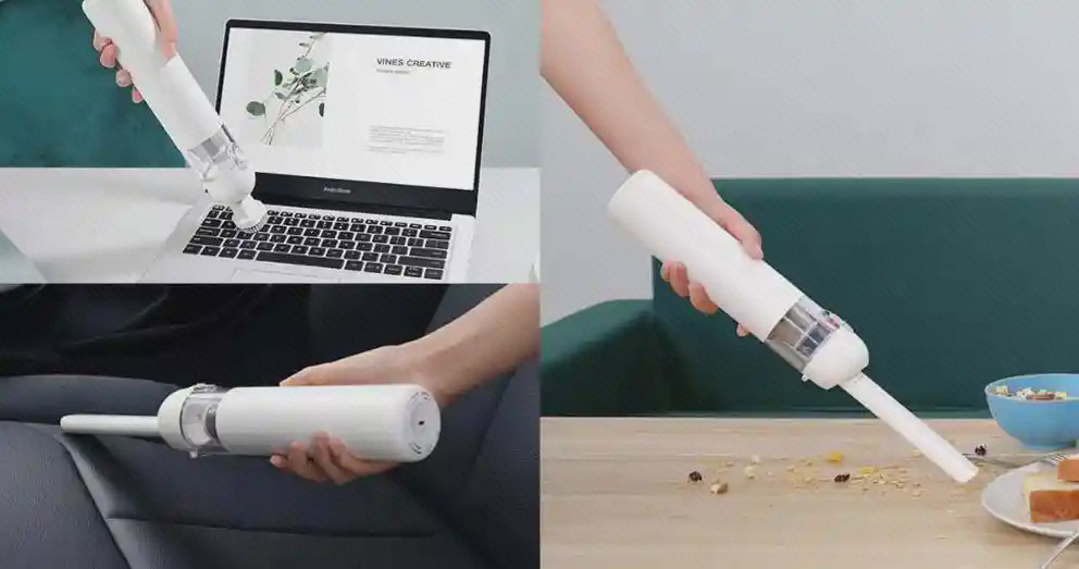 کاربردهای Mi Vacuum Mini در کلاژ کلاژ استفاده از Mi Vacuum Mini روی لپتاپ، درون خودرو و روی میز غذا