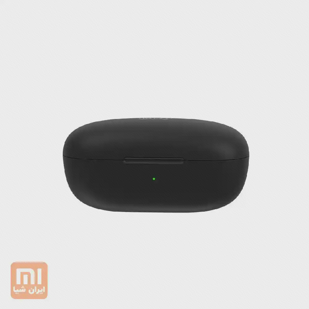 محفظه بسته هندزفری QCY T17 کیس شارژ بسته QCY T17 مشکی از نمای روبهرو با نشانگر سبز