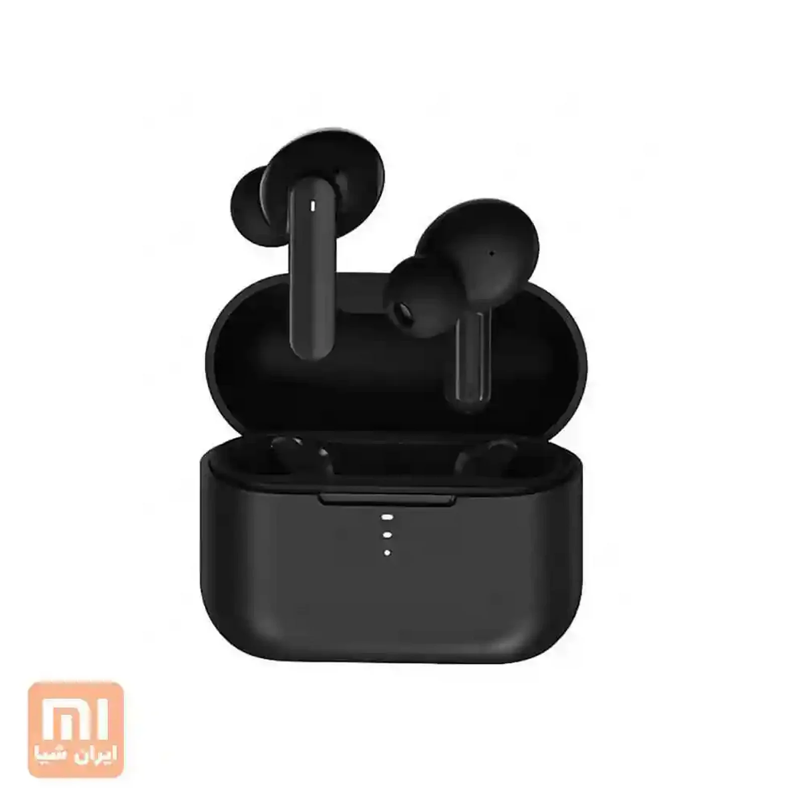 نمای اصلی QCY T10 Pro و کیس شارژ هندزفری بلوتوث QCY T10 Pro مشکی با دو ایرباد بالای کیس شارژ باز