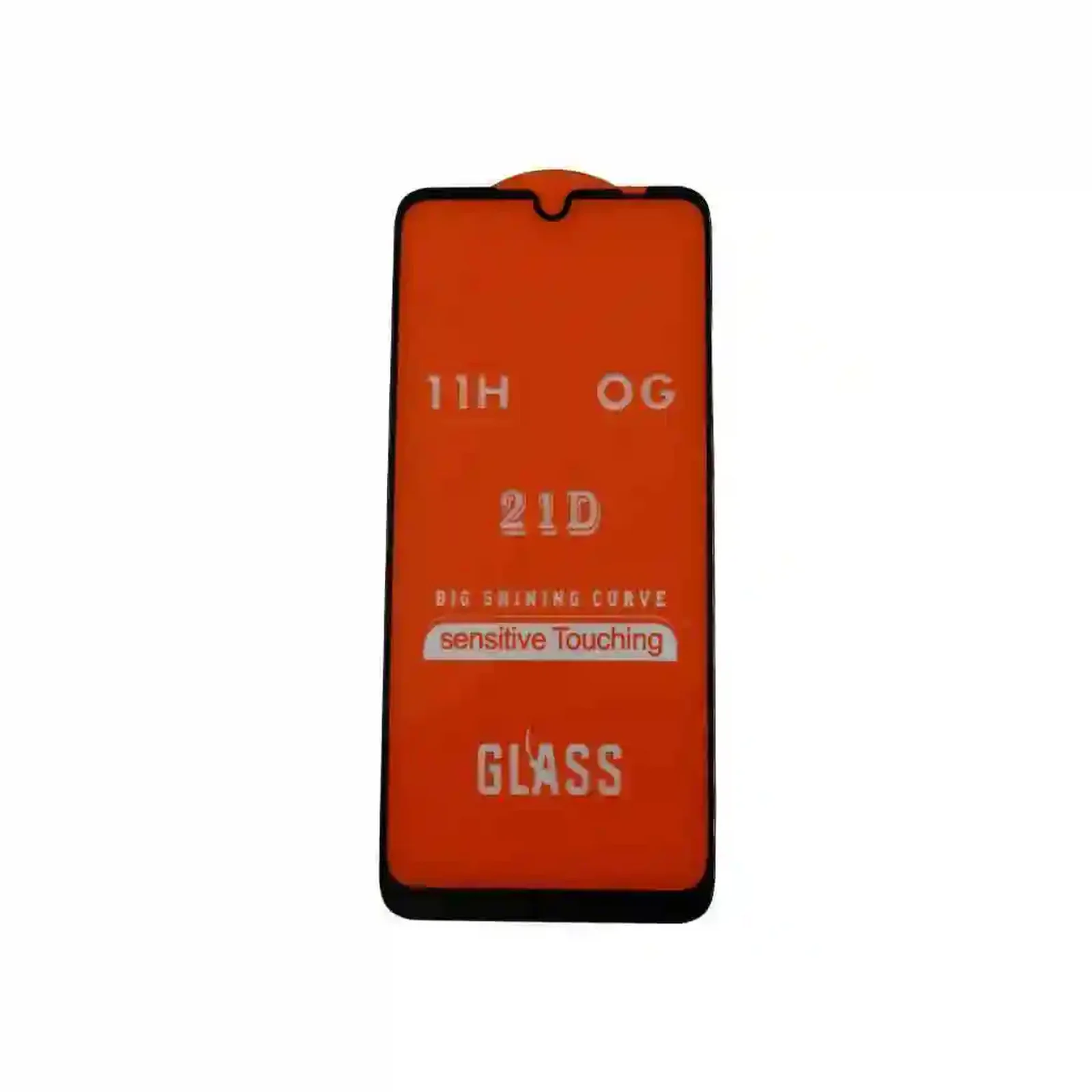 نمای مستقیم محافظ صفحه Redmi Note 7 گلس 21D شیائومی Redmi Note 7 با پوشش نارنجی و قاب مشکی