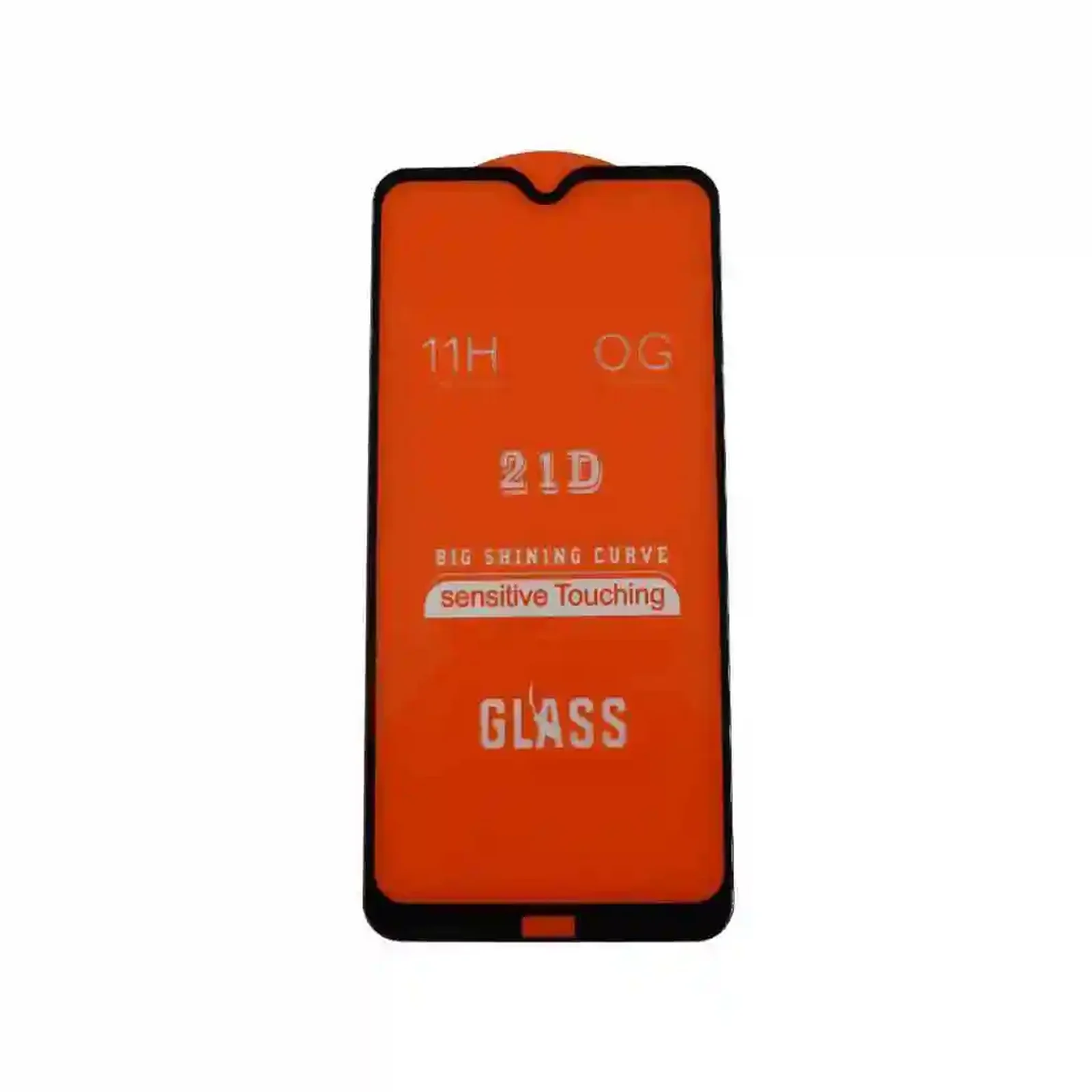 نمای کامل محافظ صفحه Redmi 8A روی زمینه سفید گلس 21D شیائومی Redmi 8A با ناچ قطرهای و پوشش نارنجی