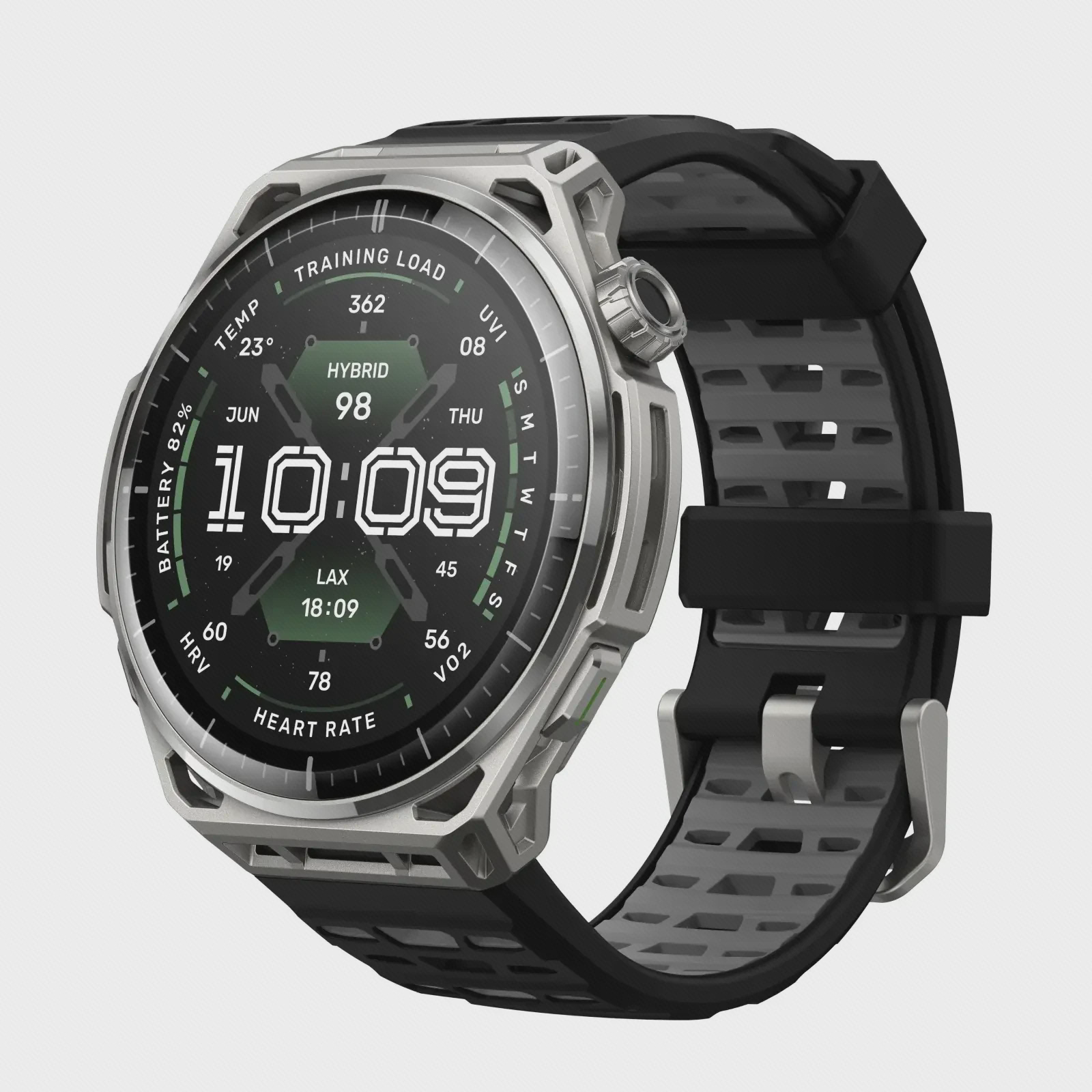 نمای اصلی ساعت Amazfit Balance 3 ساعت هوشمند Amazfit Balance 3 با قاب نقرهای و بند ورزشی مشکی