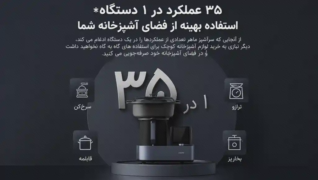 پوستر عملکردهای درجشده برای ربات آشپزی شیائومی پوستر فارسی ربات آشپزی شیائومی با عدد بزرگ ۳۵ و نمادهای روشهای پخت اطراف دستگاه