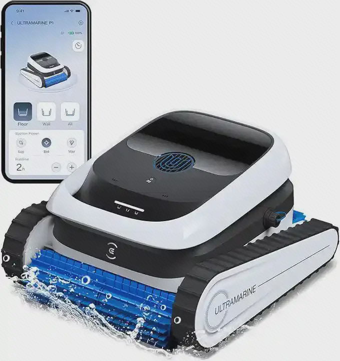 نمای محصول Ecovacs Ultramarine P1 و اپلیکیشن جاروی رباتیک استخر Ecovacs Ultramarine P1 همراه صفحه کنترل موبایل