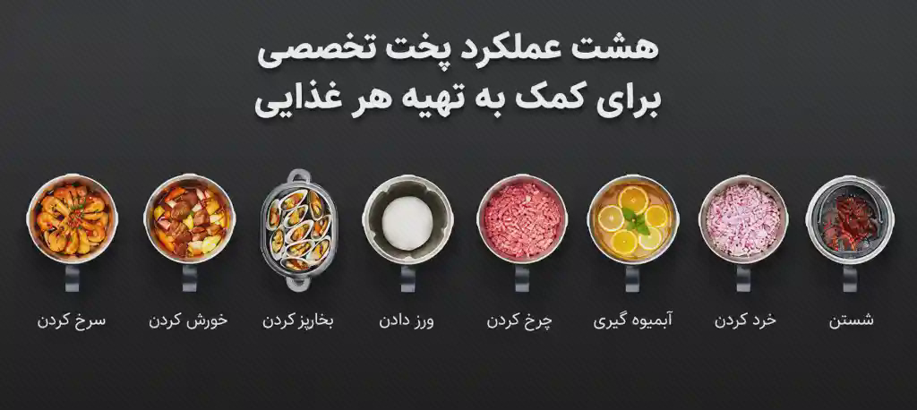 پوستر هشت عملکرد پخت ربات آشپزی شیائومی پوستر هشت قاب مواد غذایی در ظرفهای گرد با نام فارسی عملکردهای پخت زیر هر قاب