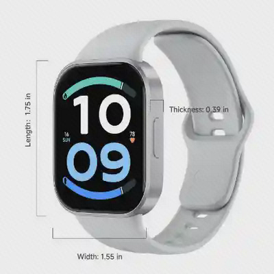 ابعاد ساعت Redmi Watch 6 Active تصویر ساعت سفید Redmi Watch 6 Active با خطوط اندازهگذاری بدنه و بند