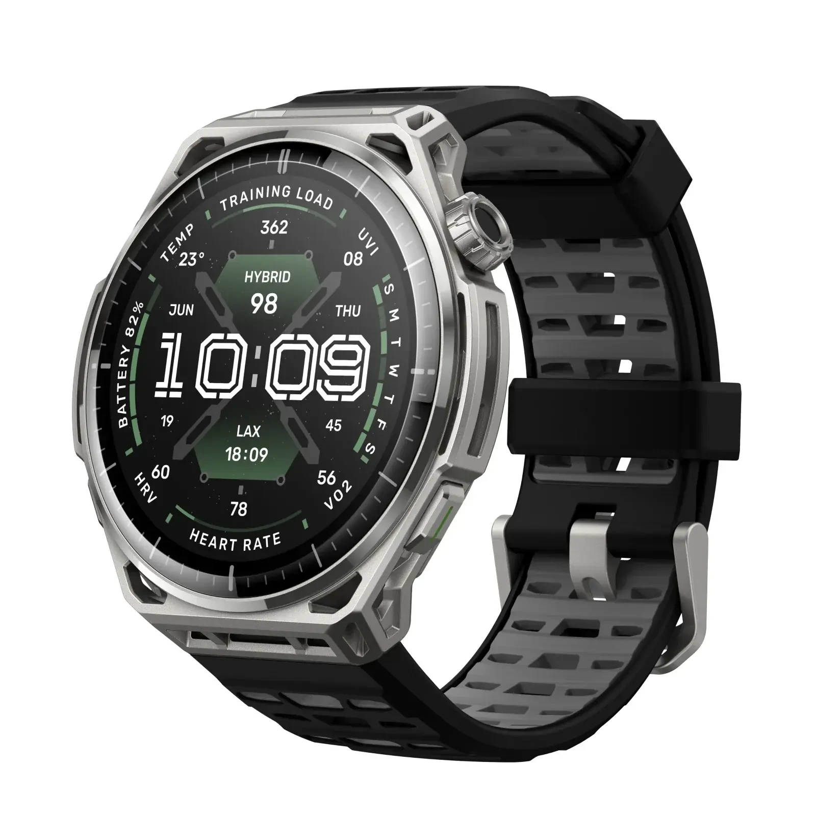نمای اصلی ساعت Amazfit Balance 3 ساعت هوشمند Amazfit Balance 3 با قاب نقرهای و بند ورزشی مشکی