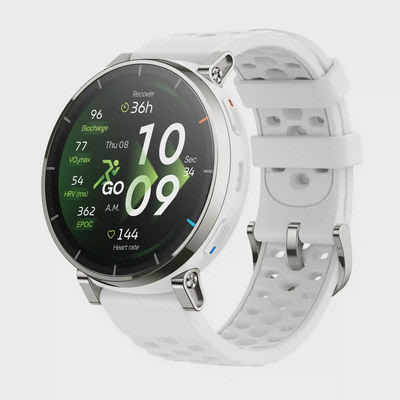 ساعت Amazfit Active 3 Premium با قاب نقره‌ای و بند سوراخ‌دار سفید
