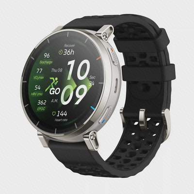 ساعت Amazfit Active 3 Premium با قاب نقره‌ای و بند سوراخ‌دار مشکی