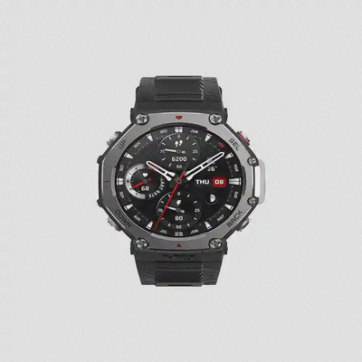 نمای روبهروی Amazfit T-Rex 3 ساعت Amazfit T-Rex 3 با بند مشکی به صورت باز از روبهرو