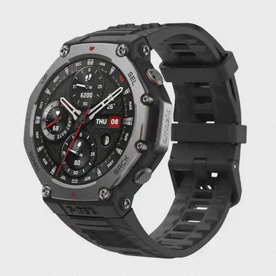 ساعت Amazfit T-Rex 3 از سهرخ ساعت Amazfit T-Rex 3 با قاب نقرهای تیره و بند مشکی از سهرخ