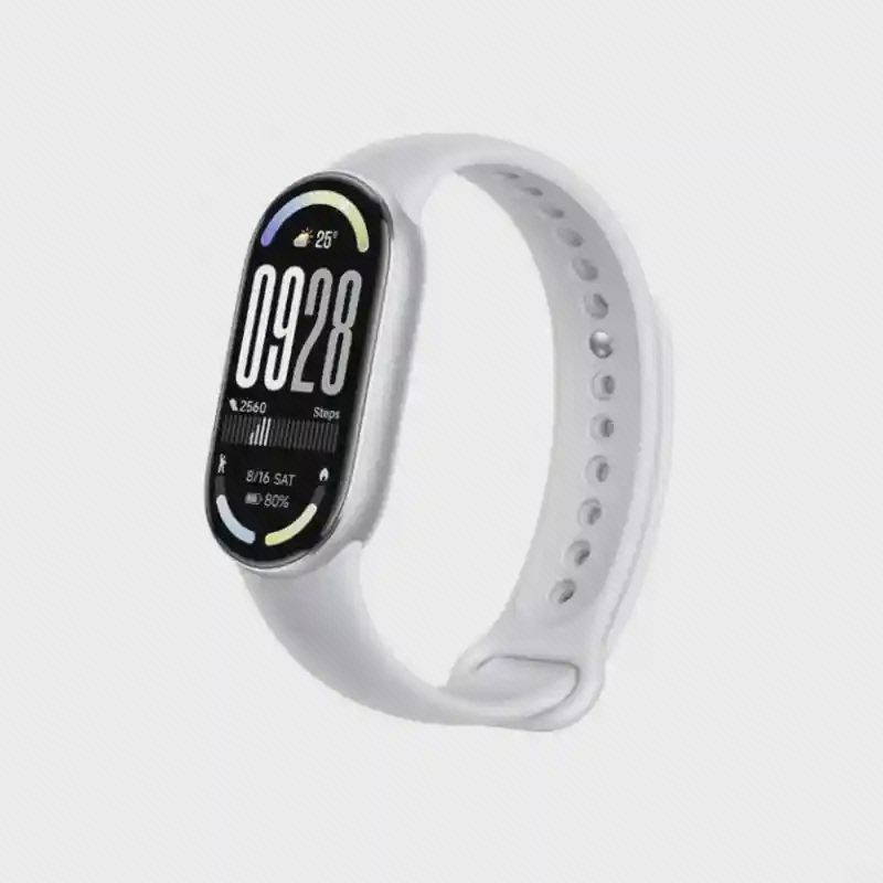 مچ‌بند Xiaomi Smart Band 10 با بند سفید و نمایشگر کشیده از سه‌رخ