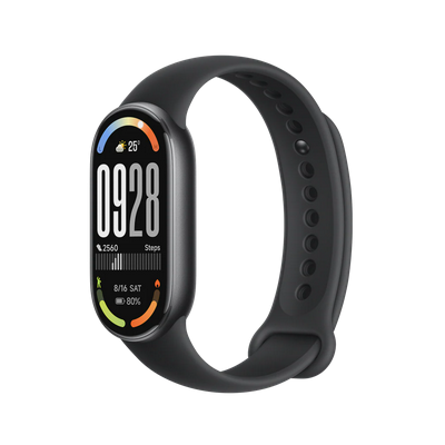 نمایشگر Xiaomi Smart Band 10 مشکی اسمارت بند ۱۰ با بند مشکی و صفحه ساعت ۰۹۲۸ در نمای مایل