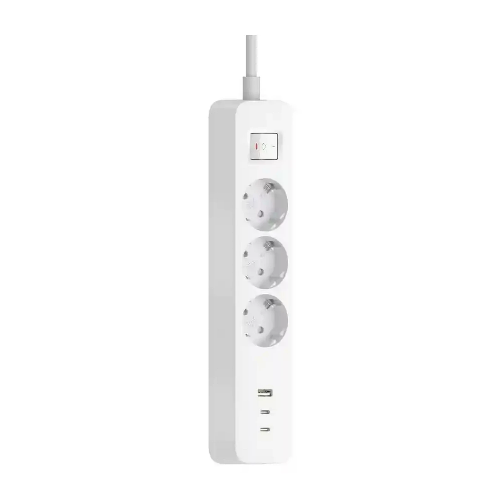 نمای کامل چندراهی سفید XMCXB01EU با سه پریز اروپایی، کلید و سه درگاه USB