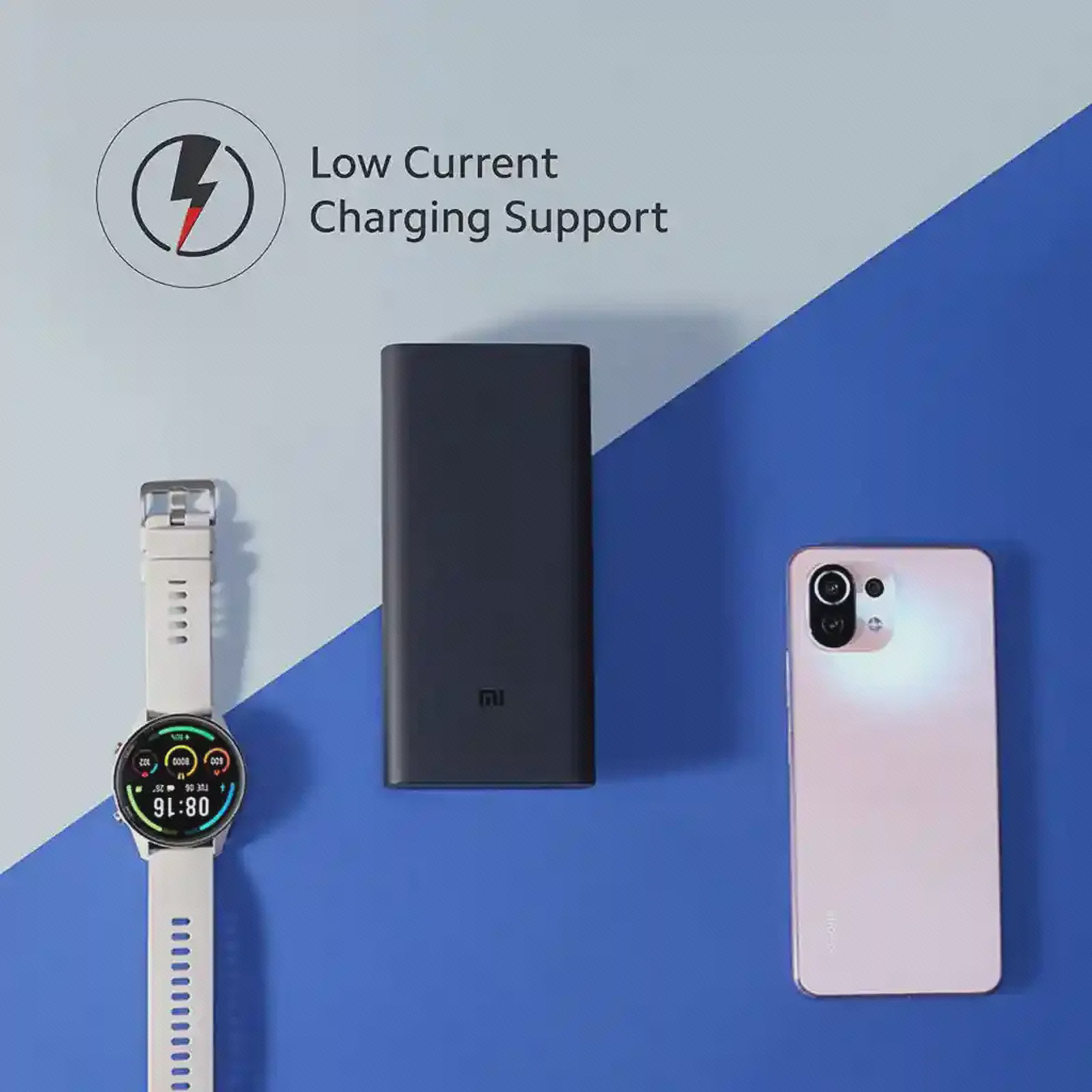 معرفی حالت کمجریان PB2050SZM کنار ساعت پوستر حالت شارژ کمجریان پاوربانک Xiaomi PB2050SZM کنار ساعت هوشمند و گوشی