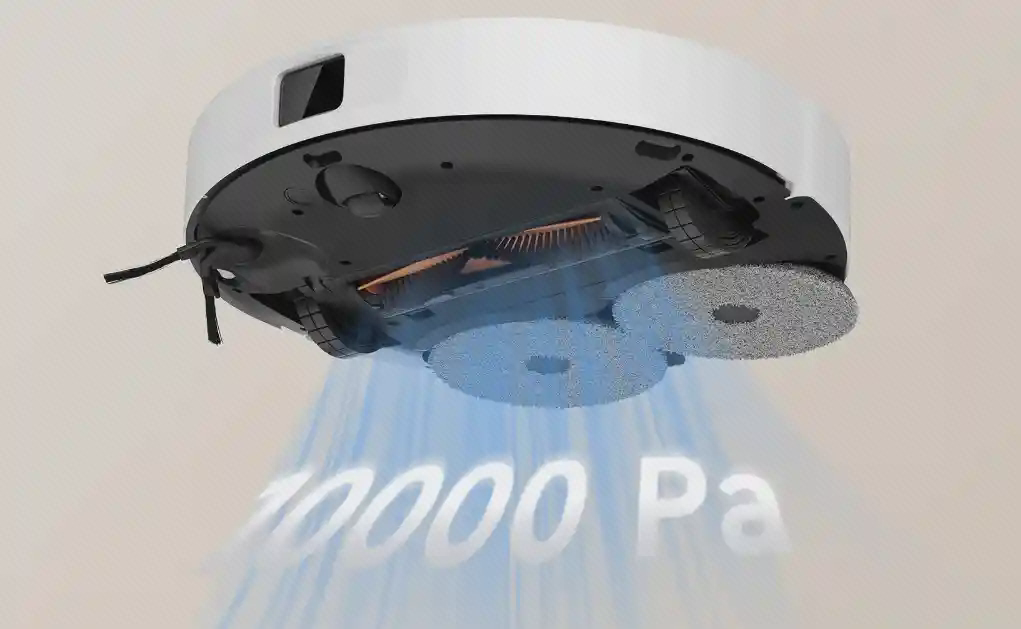 پوستر مکش و زیر بدنه Xiaomi H50 نمای زیر جاروی Xiaomi H50 با دو تی گرد و افکت مکش آبی بالای عدد ۱۰۰۰۰ پاسکال