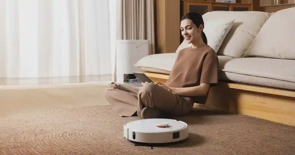 جارو Xiaomi H50 کنار محل مطالعه زن نشسته روی فرش با کتاب کنار جاروی سفید Xiaomi H50 در نشیمن