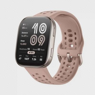 ساعت Amazfit Bip 6 با قاب روشن و بند صورتی سوراخ‌دار