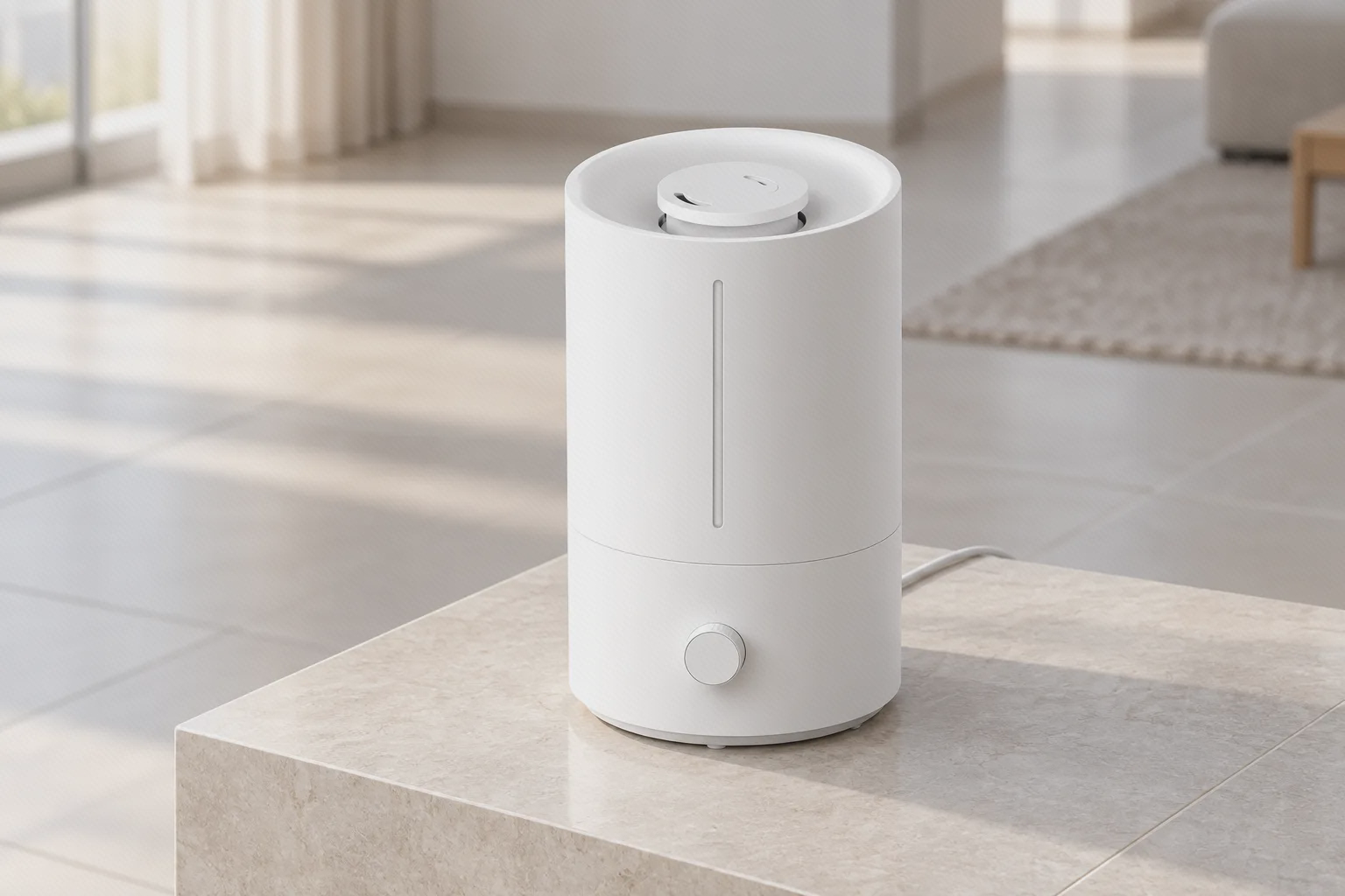 تصویرسازی بخور سرد Humidifier 2 Lite روی سطح مقاوم به رطوبت؛ کنترل چرخشی و نشانگر سطح آب