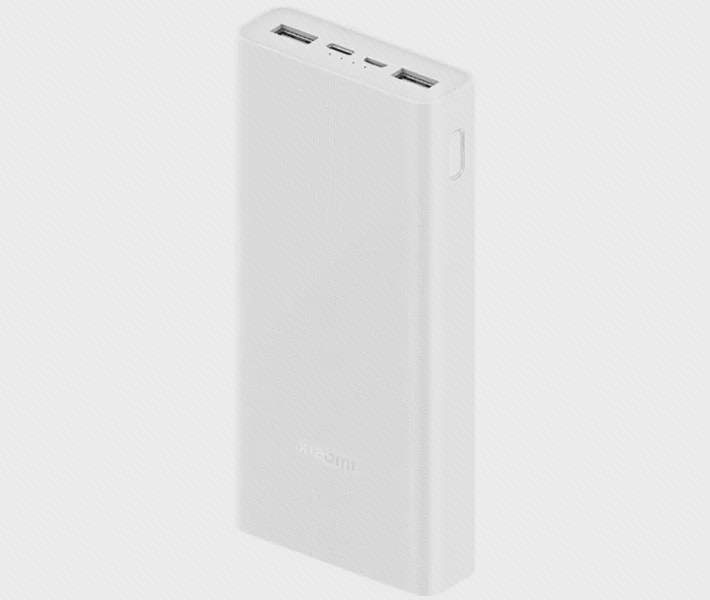 پاوربانک Xiaomi PB2022ZM با دو USB-A و USB-C نمای روبهروی پاوربانک سفید شیائومی PB2022ZM ظرفیت ۲۰۰۰۰ میلیآمپرساعت