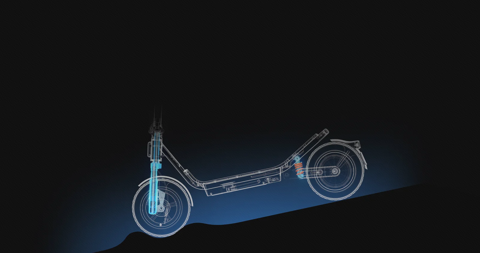 شماتیک تعلیق جلو و عقب Xiaomi Scooter 6 نمای فنی تعلیق دو فنر جلو و تک فنر عقب اسکوتر برقی شیائومی 6