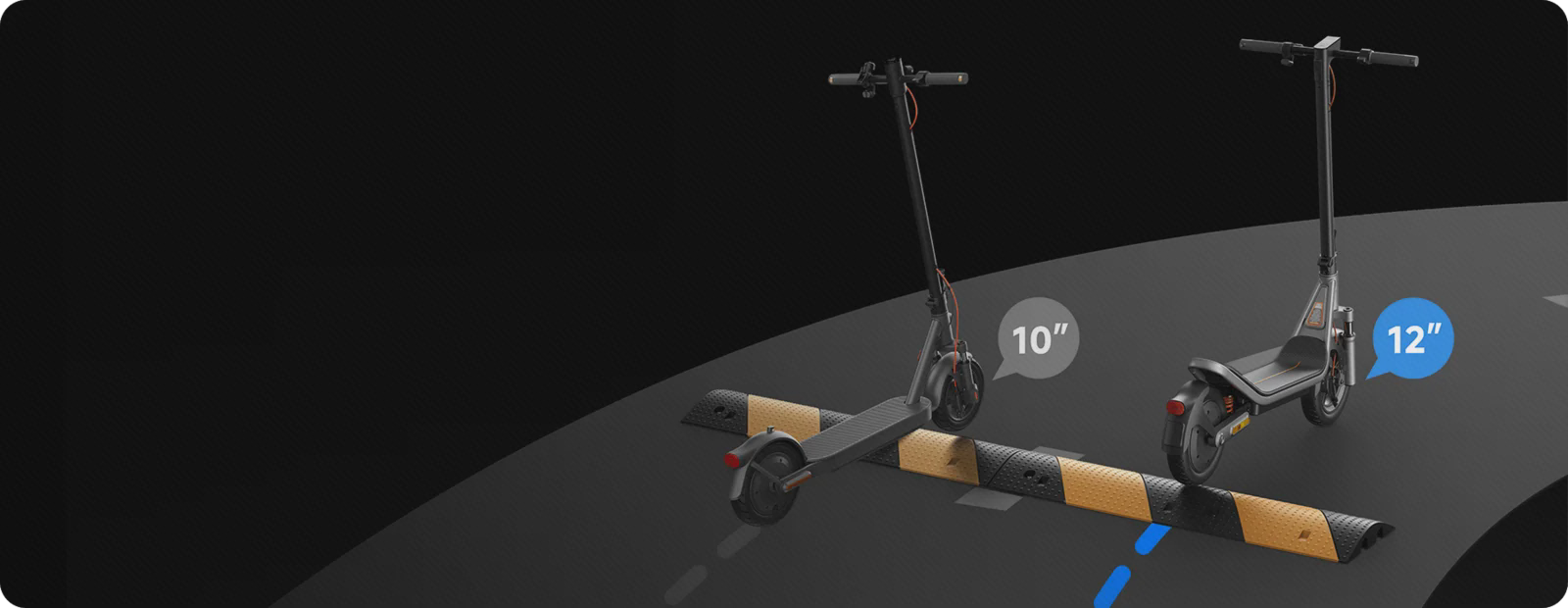 مقایسهٔ تایرها در پوستر عبور Scooter 6 از دستانداز مقایسه تایر 12 اینچی شیائومی اسکوتر 6 با تایر 10 اینچی هنگام عبور از دستانداز