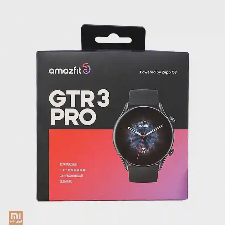 جعبهٔ مدل GTR 3 Pro با Zepp OS جعبهٔ Amazfit GTR 3 Pro با تصویر ساعت مشکی و نوشتهٔ Powered by Zepp OS