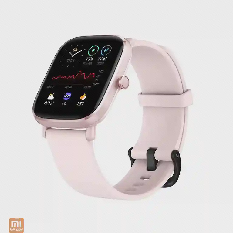 Amazfit GTS 2 mini صورتی با صفحهٔ اطلاعات روزانه و بند بسته