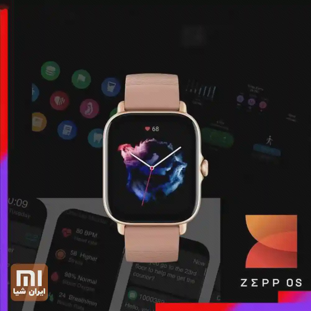 پوستر GTS 3 با بند روشن و نمونهٔ کارت‌ها و نشان Zepp OS