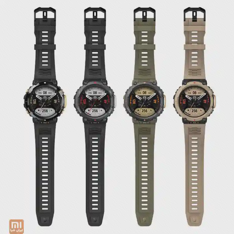 رنگها و بند T-Rex 2 چهار رنگ Amazfit T-Rex 2 با بندهای باز در کنار هم