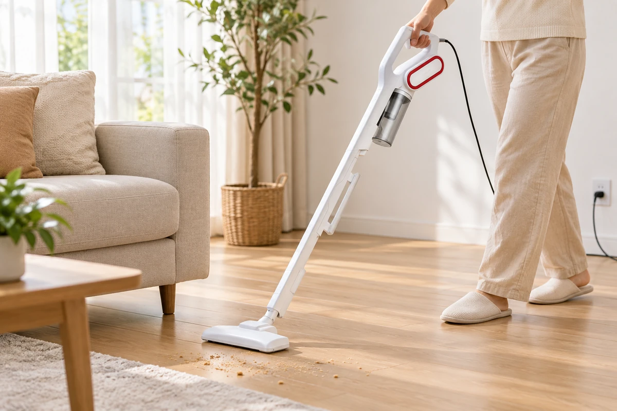 حالت دستهبلند جاروبرقی Deerma DX700 جاروبرقی سفید درما DX700 با لولهٔ بلند و کابل برق روی کف اتاق