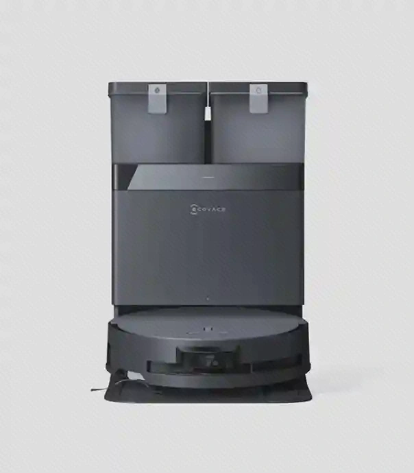 ایستگاه OMNI و ربات X8 Pro نمای روبهروی ربات و ایستگاه مشکی X8 Pro Omni با دو مخزن جدا در بالا