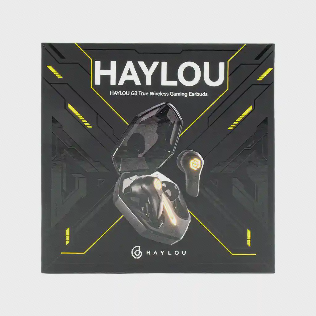 جعبه Haylou G3 با نام مدل و طرح کیس چندضلعی و ایربادها