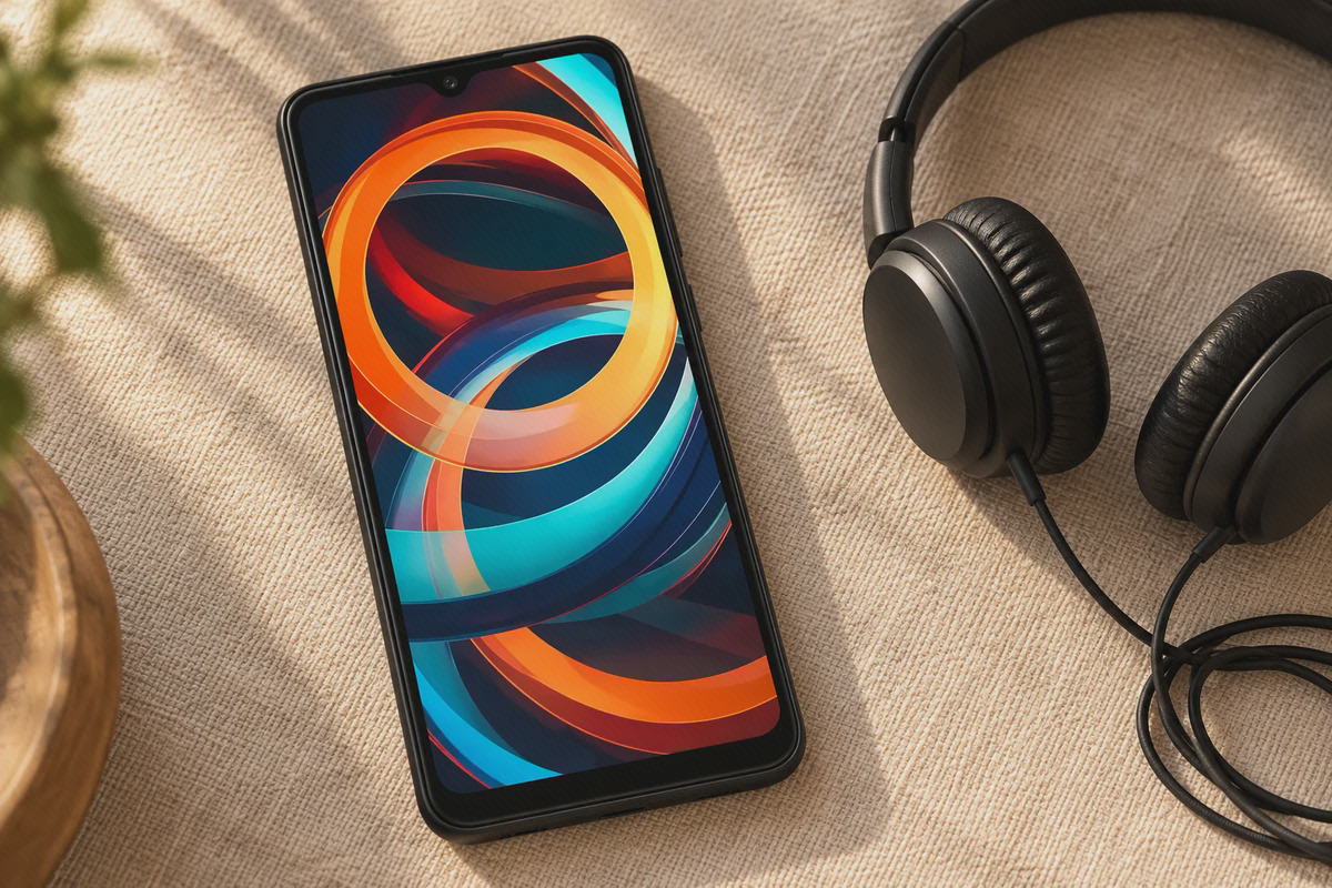 صفحه‌نمایش روشن گوشی Redmi A3 مشکی کنار هدفون جدا روی پارچه