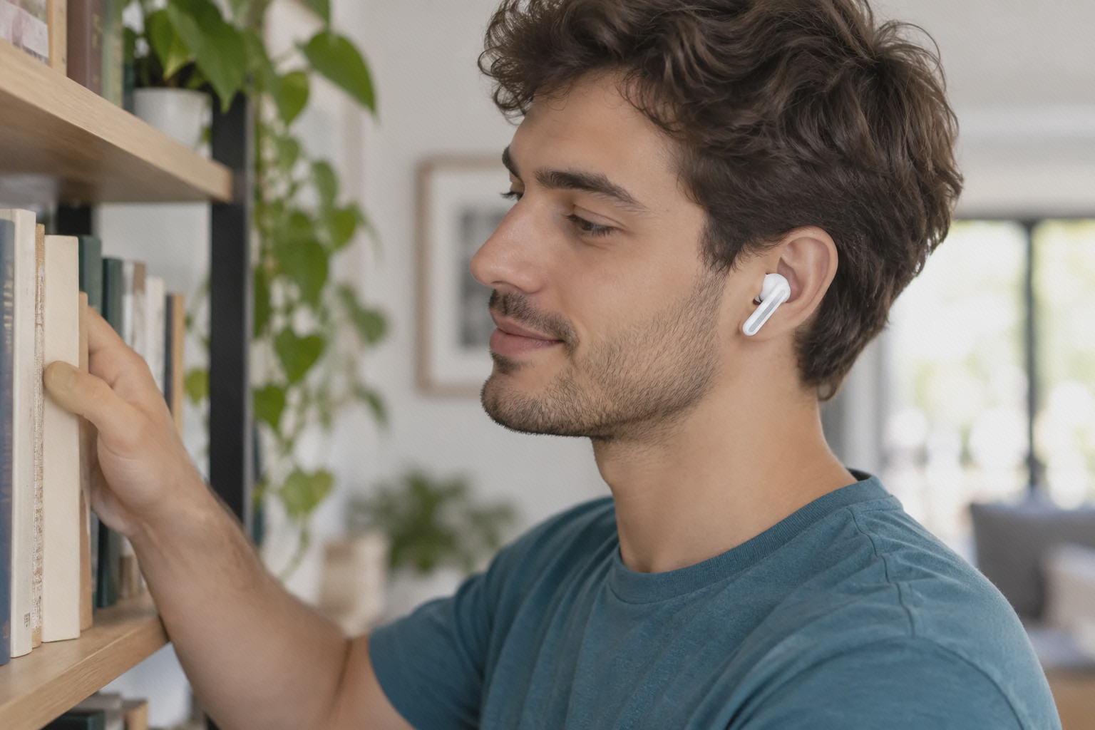 استفاده از Redmi Buds 5 هنگام کارهای روزمره مرد در حال گوش دادن به پادکست با هندزفری سفید Redmi Buds 5 در خانه