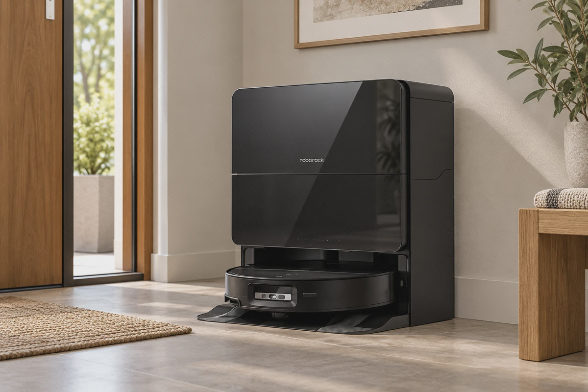 ایستگاه مشکی Roborock S9 MaxV Ultra جارو رباتیک مشکی S9 MaxV Ultra داخل ایستگاه براق RockDock Ultra 2.0 کنار دیوار